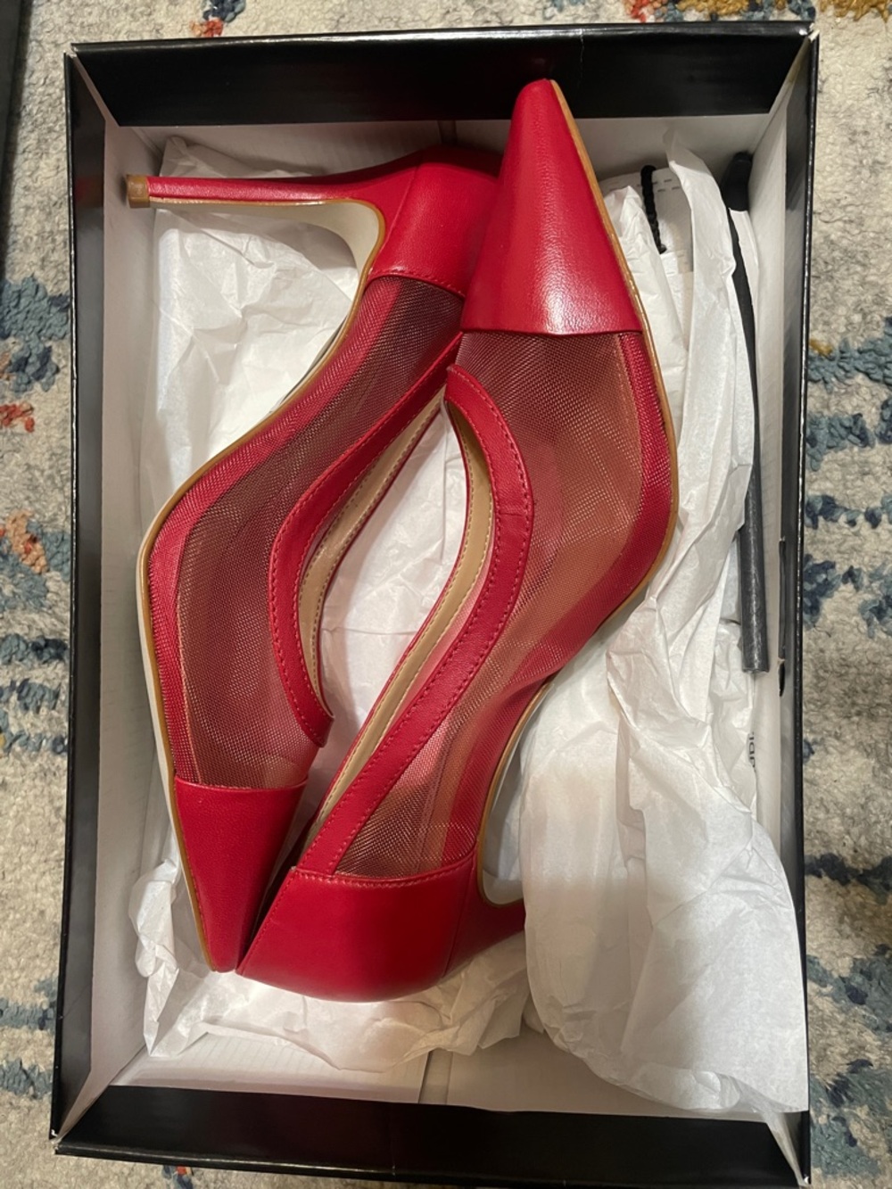 Saks Fifth Avenue Red Mesh and Leather Pointed Toe Stilettos